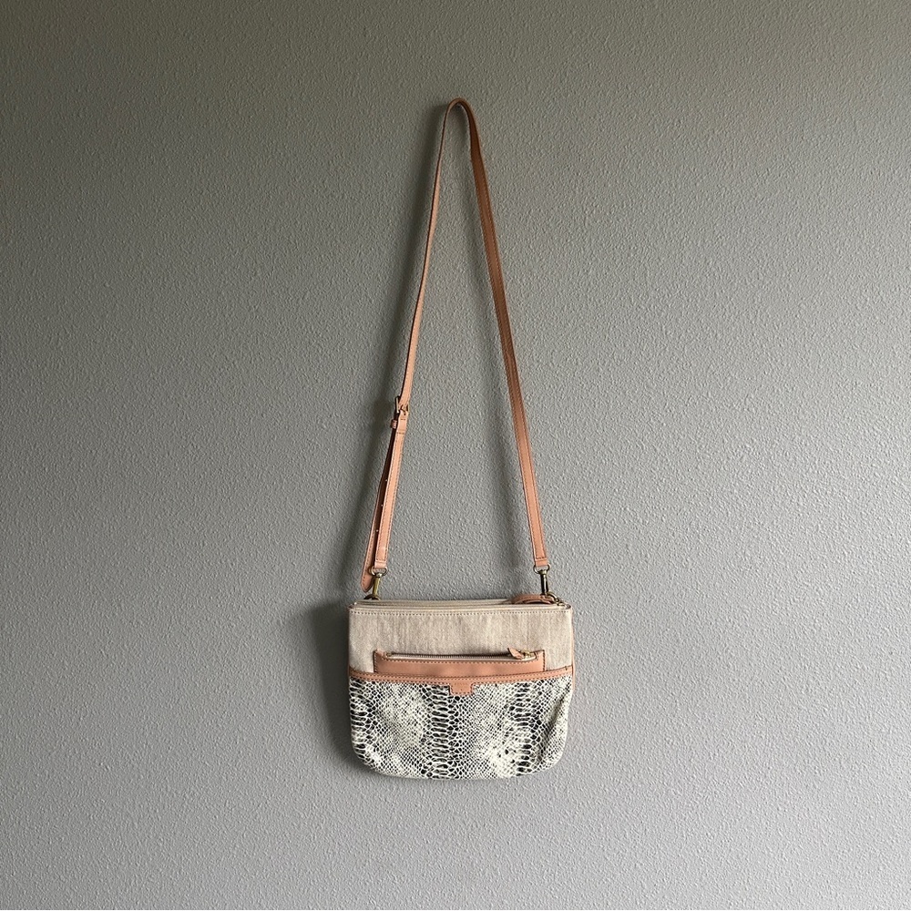 Fossil Canvas Animal Print Cream and Tan Crossbody Purse
